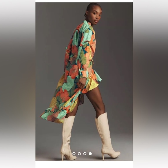 Anthropologie Farm Rio Long Sleeve Floral Midi Dress Hi Lo Green Motif - Picture 4 of 6